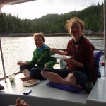 Kashia and Ellie enjoying Prawns and Crab Cakes